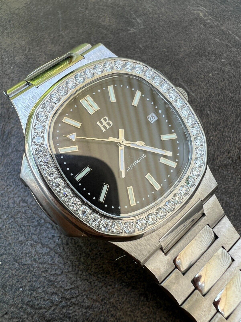 HarlemBling Mens Real Stainless Steel Iced 2ct Moissanite Watch Pass Diamond Test Black Face