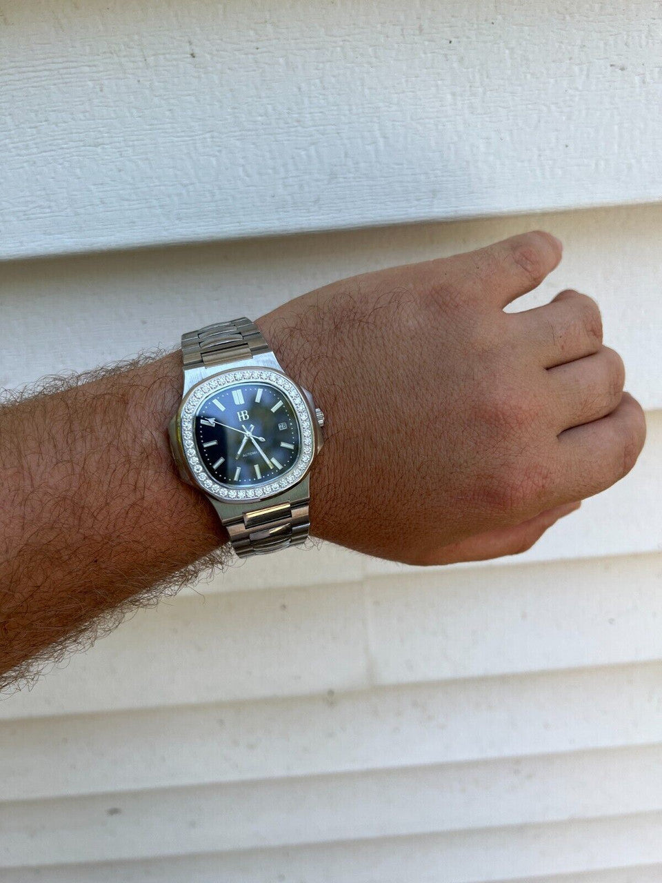 HarlemBling Mens Real Stainless Steel Iced 2ct Moissanite Watch Pass Diamond Test Black Face