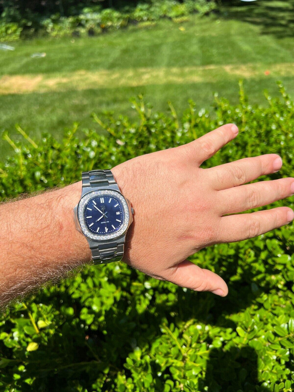 HarlemBling Mens Real Stainless Steel Iced 2ct Moissanite Watch Pass Diamond Test Blue Face