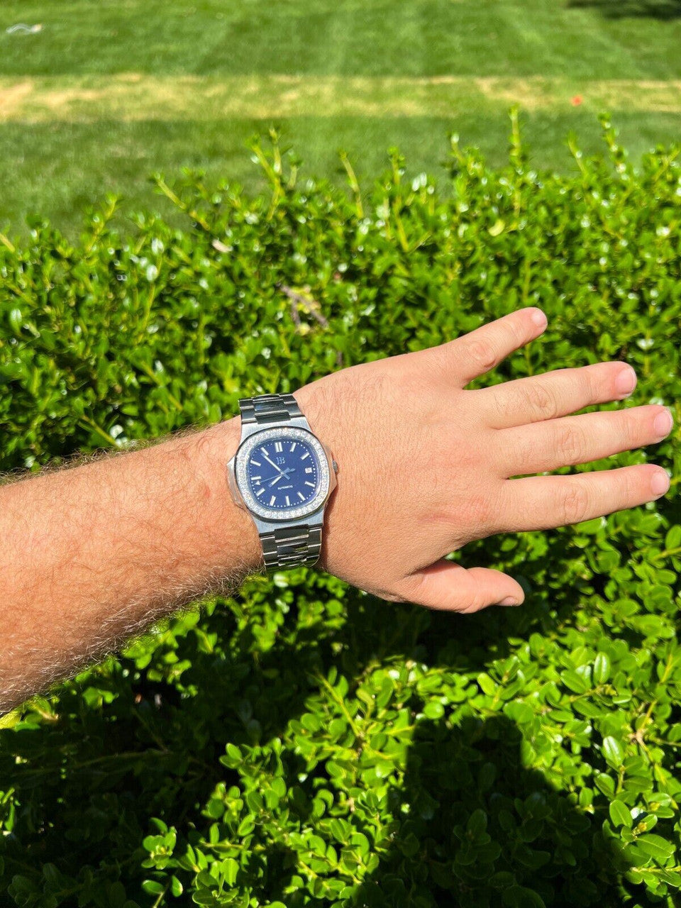 HarlemBling Mens Real Stainless Steel Iced 2ct Moissanite Watch Pass Diamond Test Blue Face