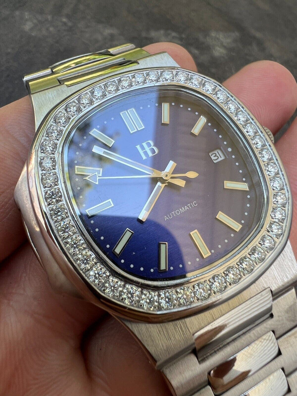 HarlemBling Mens Real Stainless Steel Iced 2ct Moissanite Watch Pass Diamond Test Blue Face