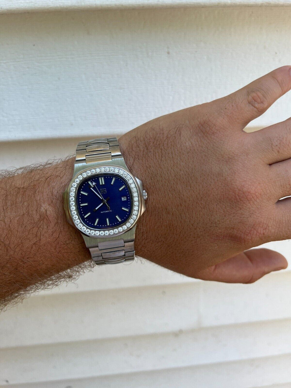 HarlemBling Mens Real Stainless Steel Iced 2ct Moissanite Watch Pass Diamond Test Blue Face