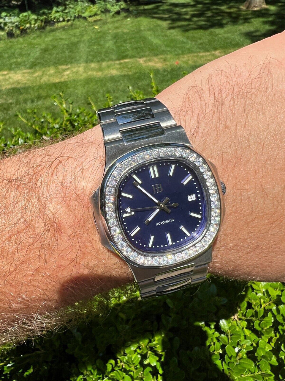 HarlemBling Mens Real Stainless Steel Iced 2ct Moissanite Watch Pass Diamond Test Blue Face