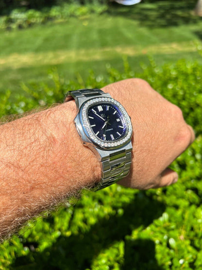 HarlemBling Mens Real Stainless Steel Iced 2ct Moissanite Watch Pass Diamond Test Blue Face