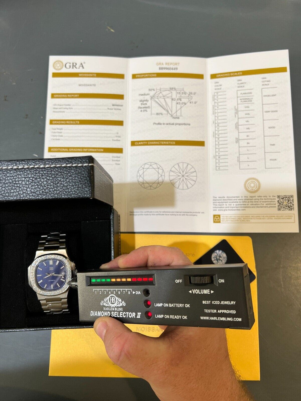 HarlemBling Mens Real Stainless Steel Iced 2ct Moissanite Watch Pass Diamond Test Blue Face