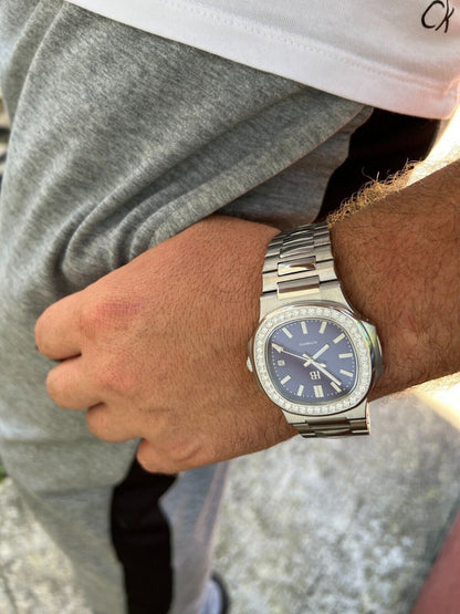 HarlemBling Mens Real Stainless Steel Iced 2ct Moissanite Watch Pass Diamond Test Blue Face