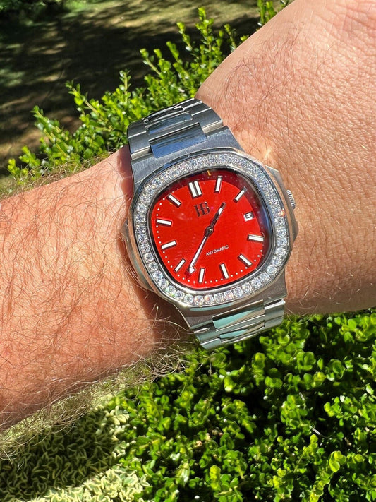 HarlemBling Mens Real Stainless Steel Iced 2ct Moissanite Watch Pass Diamond Test Red Face