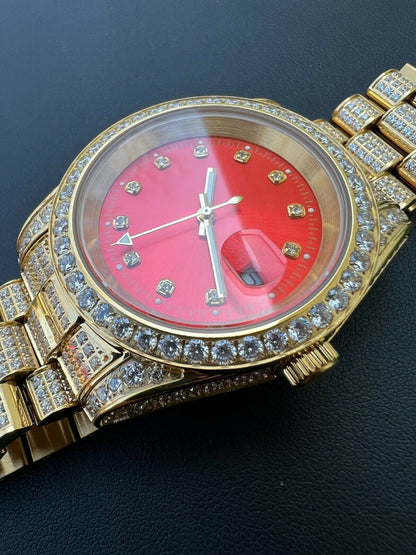 HarlemBling Mens Red Dial Presidential Real SS 41mm Gold Watch Iced 12ct Flooded Out Diamond