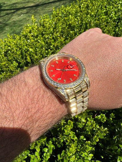 HarlemBling Mens Red Dial Presidential Real SS 41mm Gold Watch Iced 12ct Flooded Out Diamond