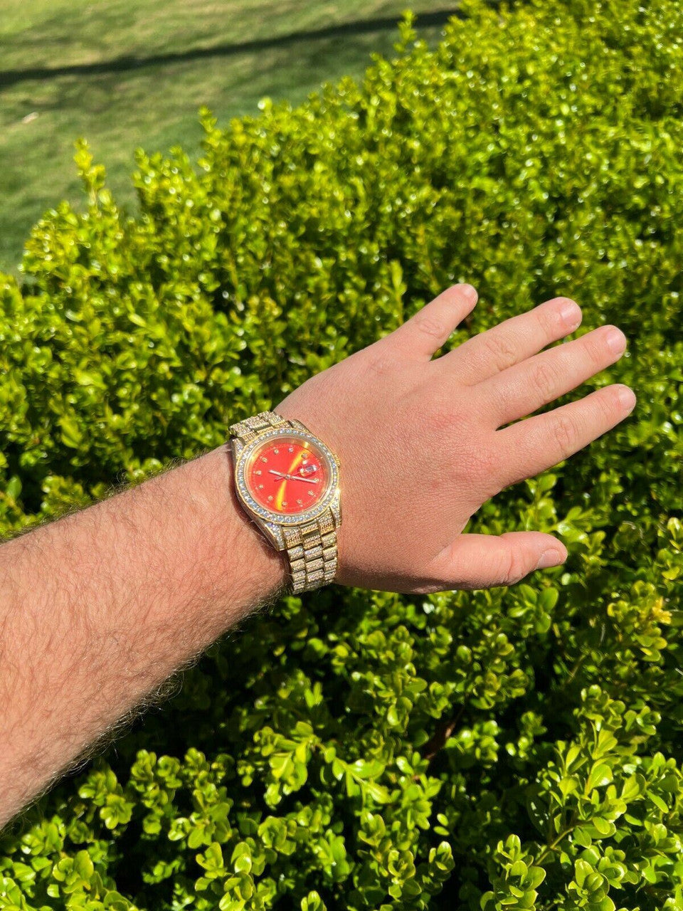 HarlemBling Mens Red Dial Presidential Real SS 41mm Gold Watch Iced 12ct Flooded Out Diamond