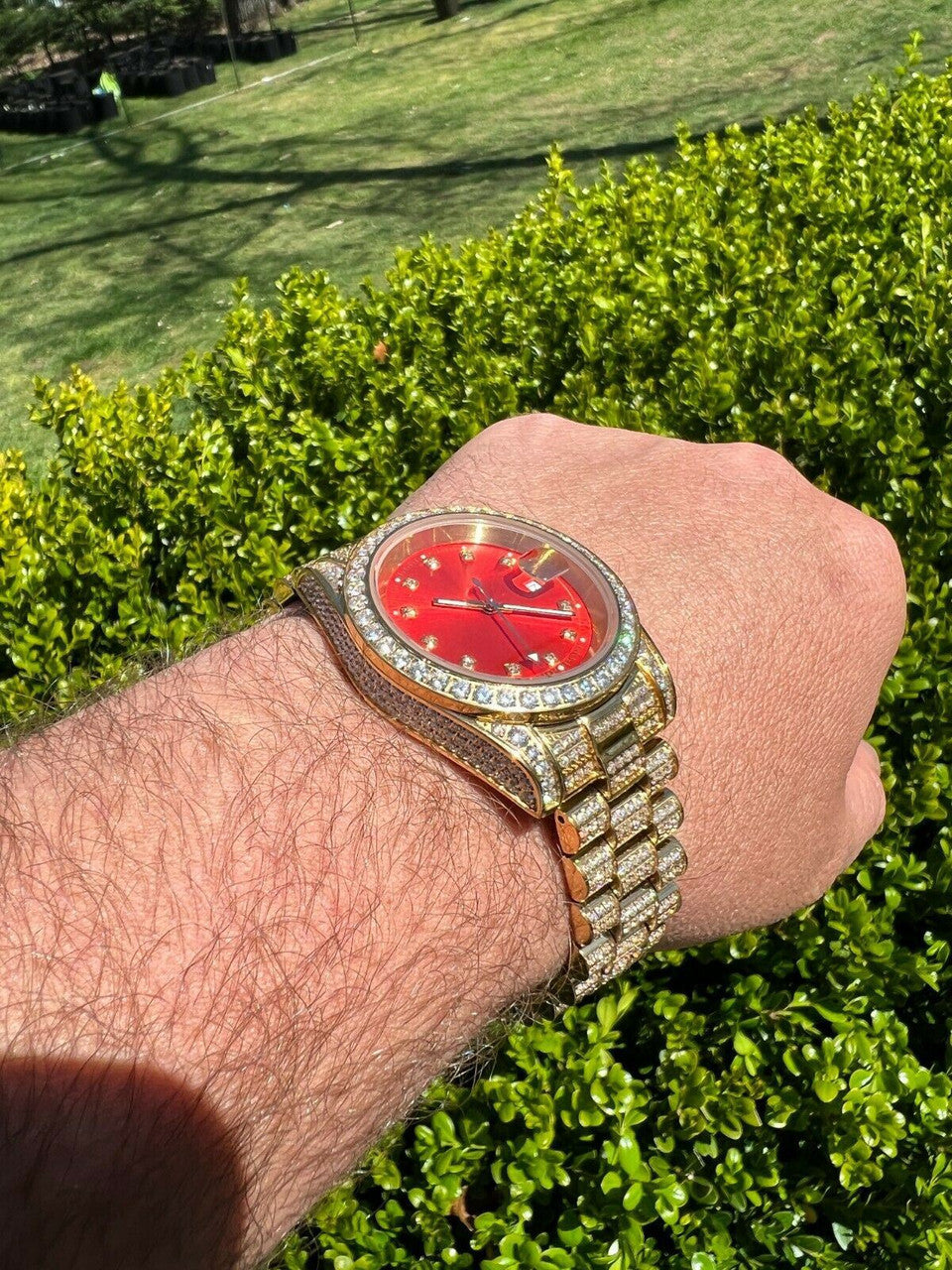 HarlemBling Mens Red Dial Presidential Real SS 41mm Gold Watch Iced 12ct Flooded Out Diamond