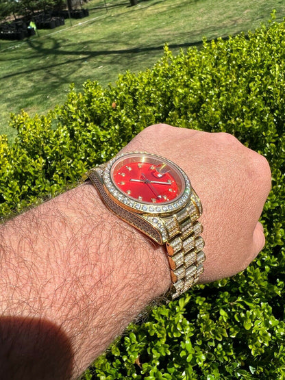 HarlemBling Mens Red Dial Presidential Real SS 41mm Gold Watch Iced 12ct Flooded Out Diamond