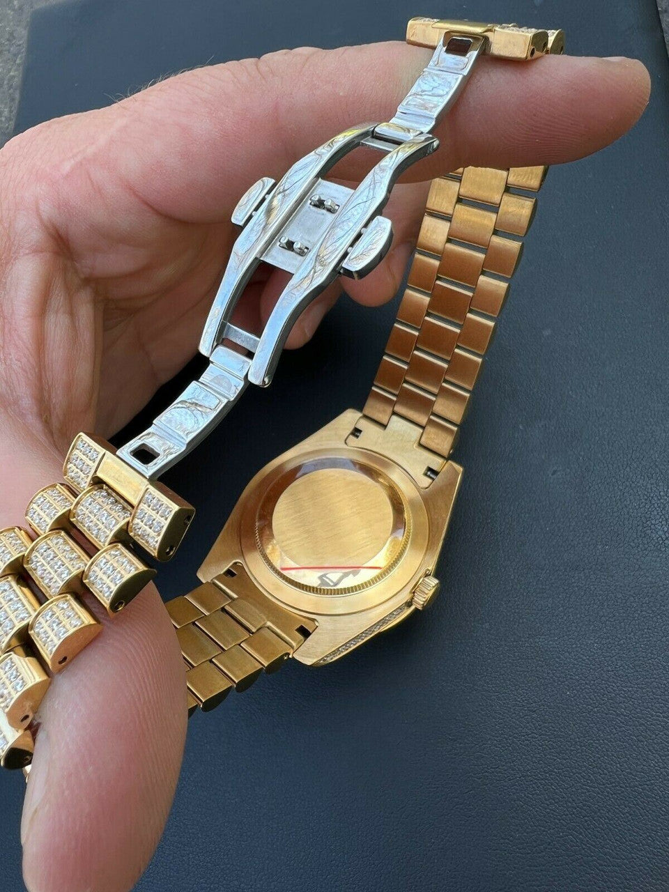 HarlemBling Mens Red Dial Presidential Real SS 41mm Gold Watch Iced 12ct Flooded Out Diamond