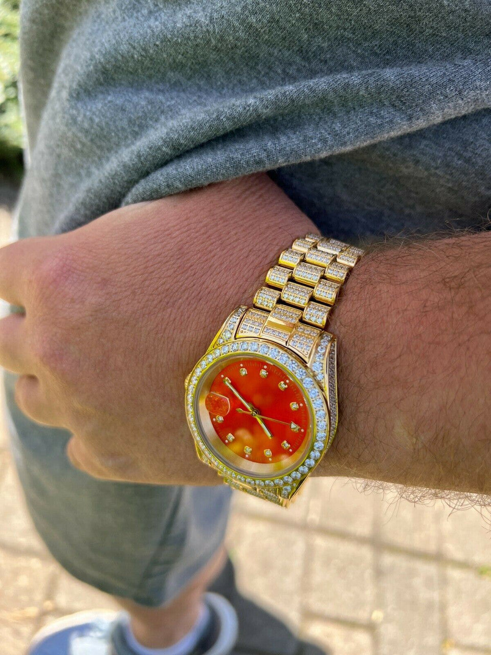 HarlemBling Mens Red Dial Presidential Real SS 41mm Gold Watch Iced 12ct Flooded Out Diamond