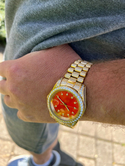 HarlemBling Mens Red Dial Presidential Real SS 41mm Gold Watch Iced 12ct Flooded Out Diamond