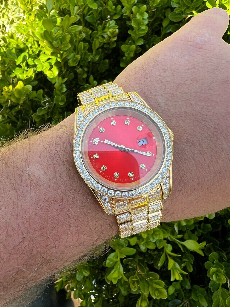 HarlemBling Mens Red Dial Presidential Real SS 41mm Gold Watch Iced 12ct Flooded Out Diamond