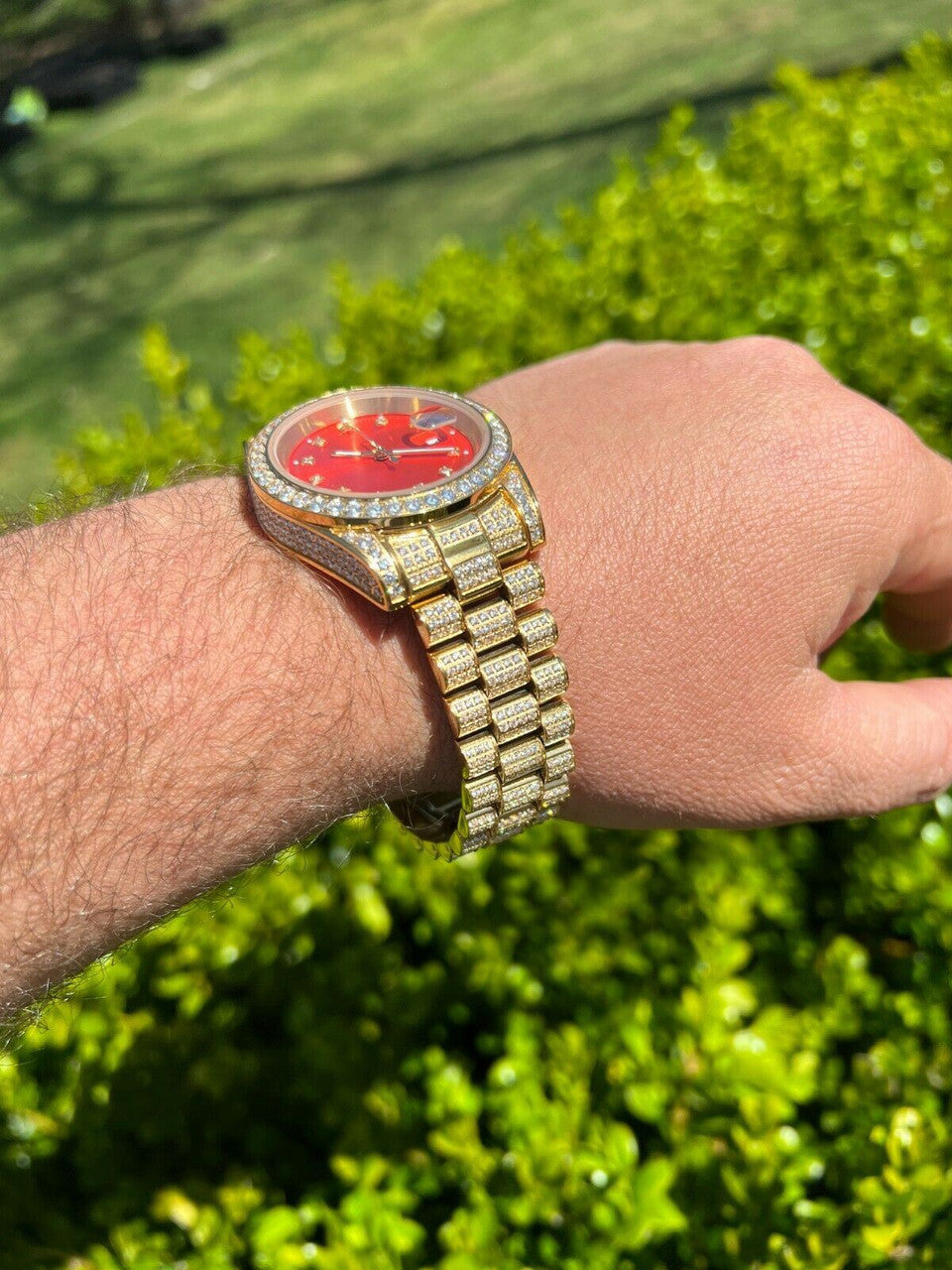 HarlemBling Mens Red Dial Presidential Real SS 41mm Gold Watch Iced 12ct Flooded Out Diamond