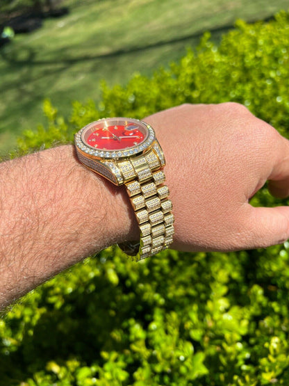 HarlemBling Mens Red Dial Presidential Real SS 41mm Gold Watch Iced 12ct Flooded Out Diamond