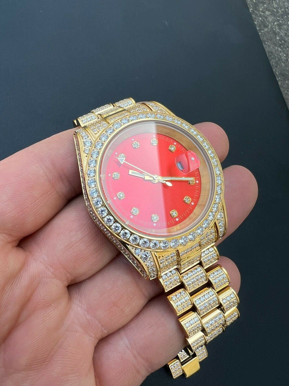 HarlemBling Mens Red Dial Presidential Real SS 41mm Gold Watch Iced 12ct Flooded Out Diamond