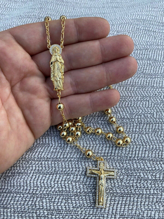 HarlemBling Mens Rosary Beads Necklace 14k Gold Over Real 925 Sterling Silver Rosario Jesus