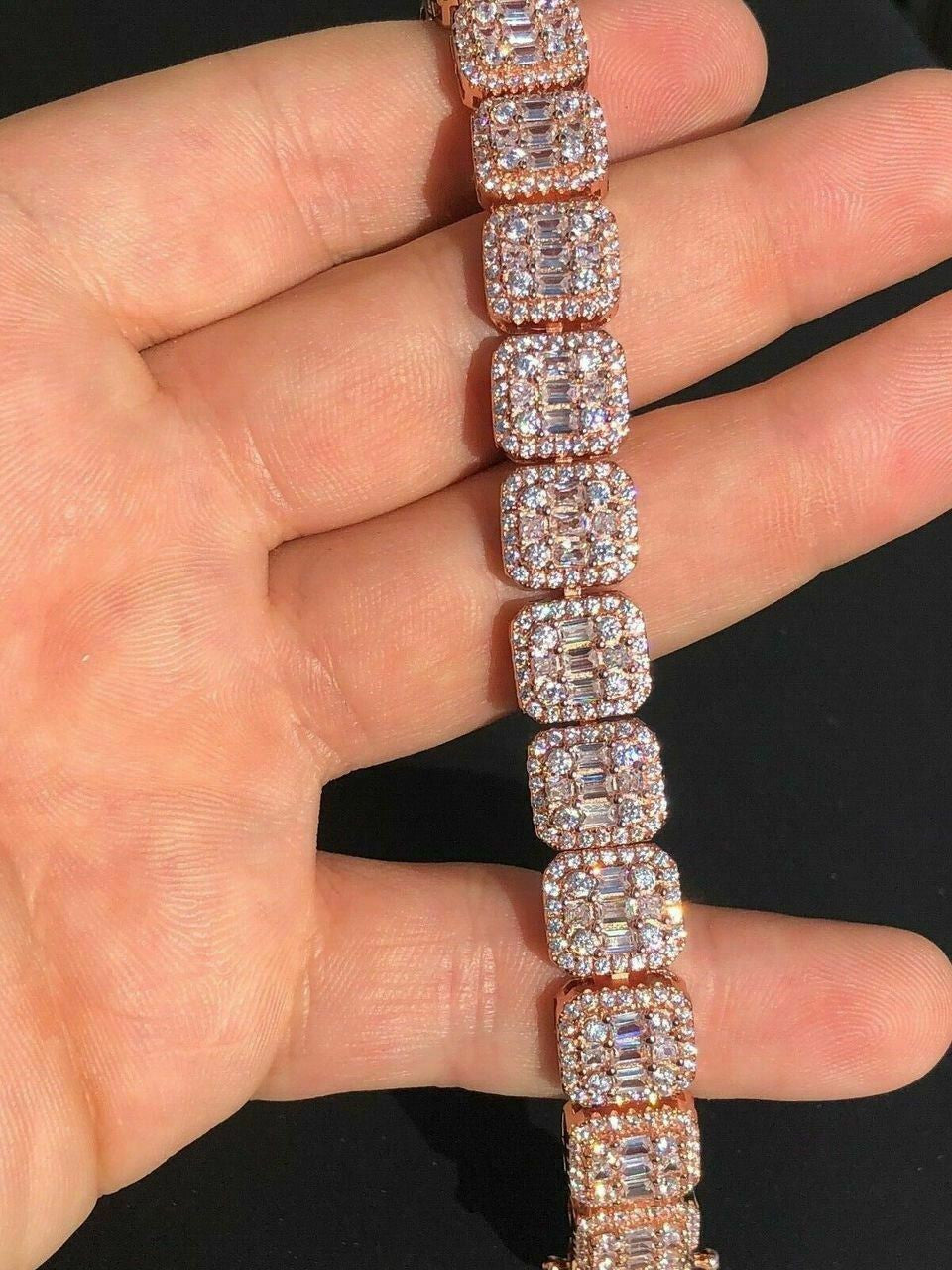 HarlemBling Mens Rose Gold Over Real Solid 925 Silver Baguette Tennis Bracelet Flooded Out