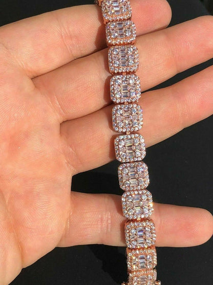 HarlemBling Mens Rose Gold Over Real Solid 925 Silver Baguette Tennis Bracelet Flooded Out
