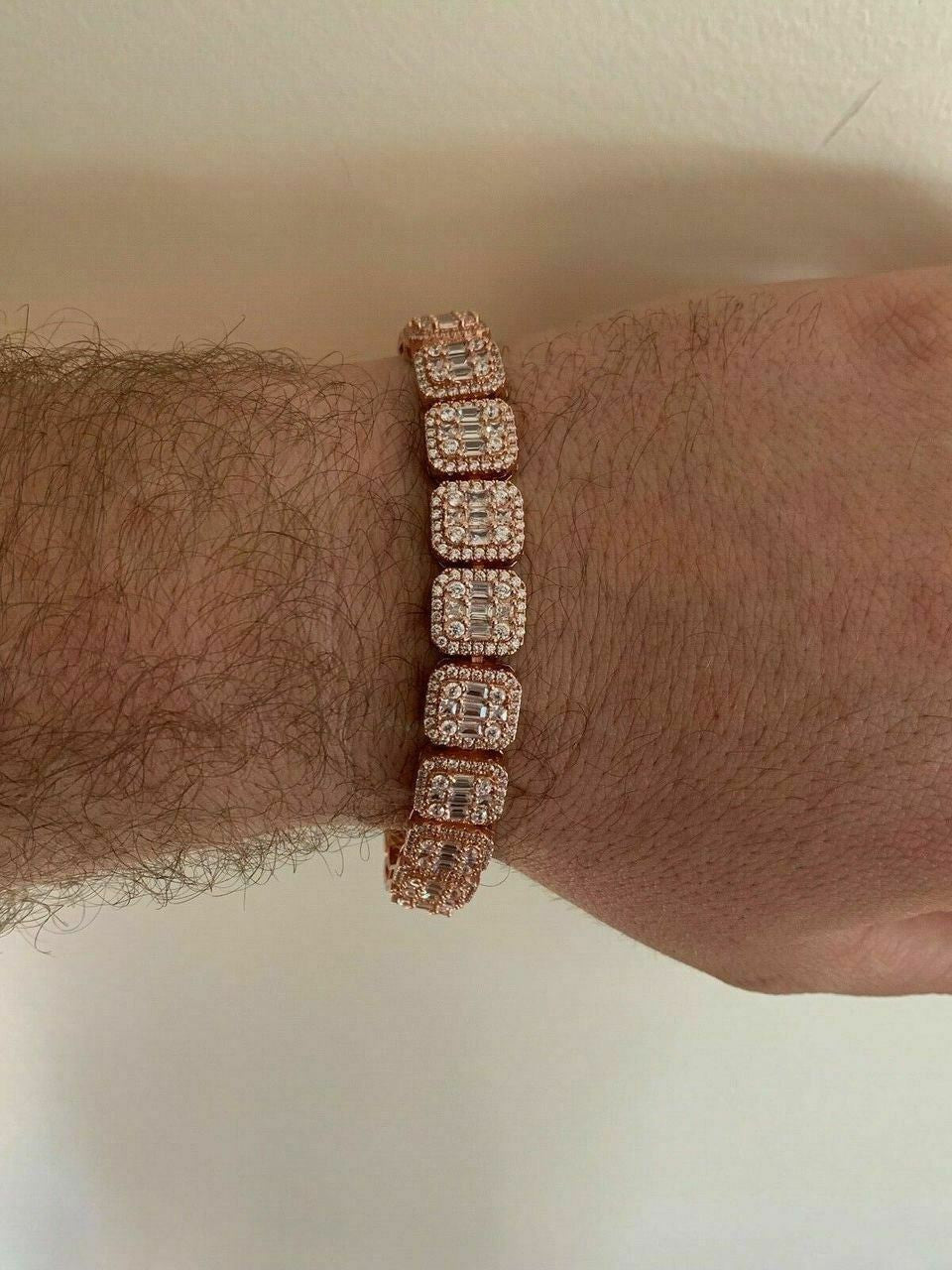 HarlemBling Mens Rose Gold Over Real Solid 925 Silver Baguette Tennis Bracelet Flooded Out