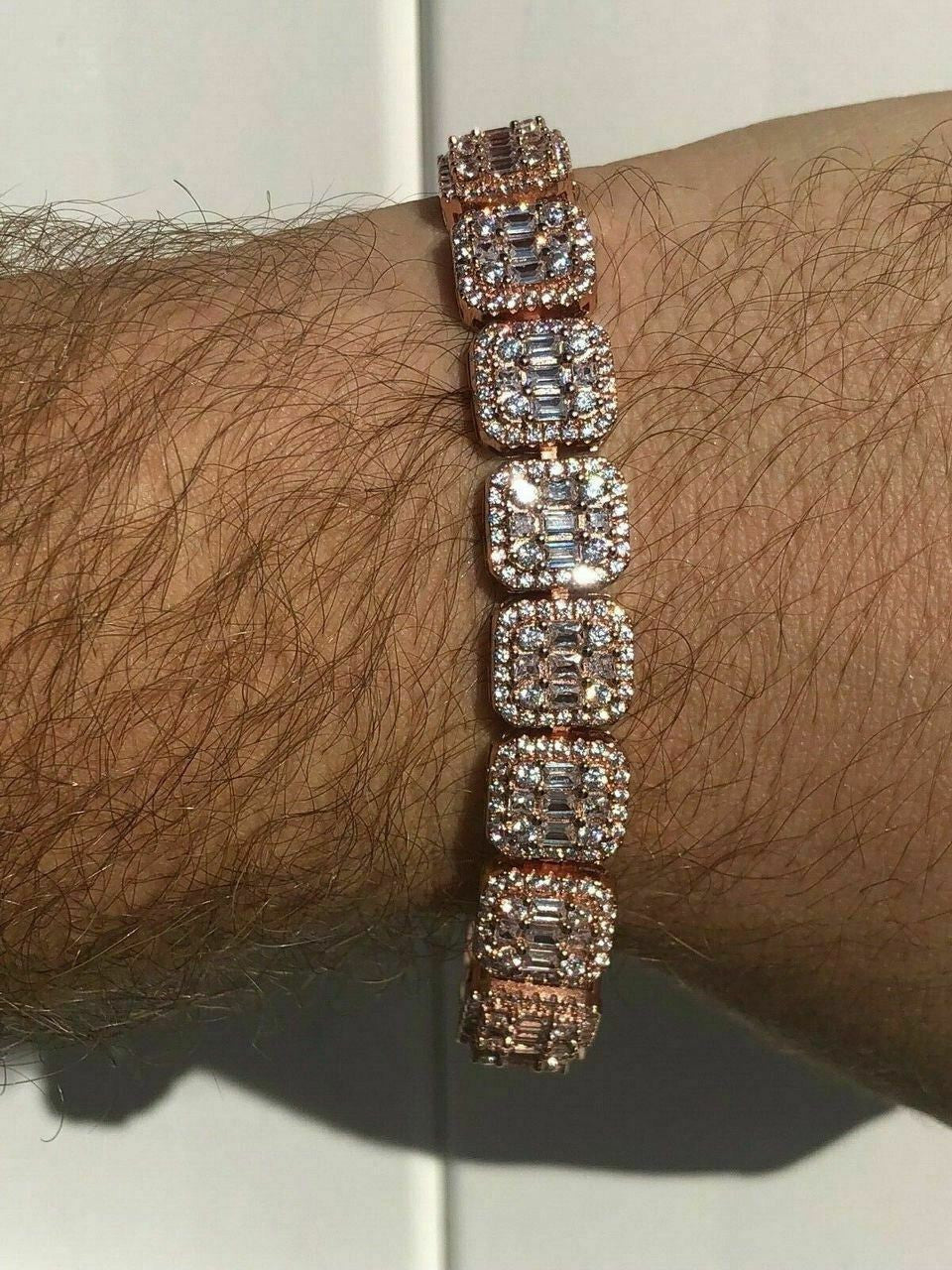 HarlemBling Mens Rose Gold Over Real Solid 925 Silver Baguette Tennis Bracelet Flooded Out