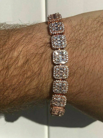HarlemBling Mens Rose Gold Over Real Solid 925 Silver Baguette Tennis Bracelet Flooded Out