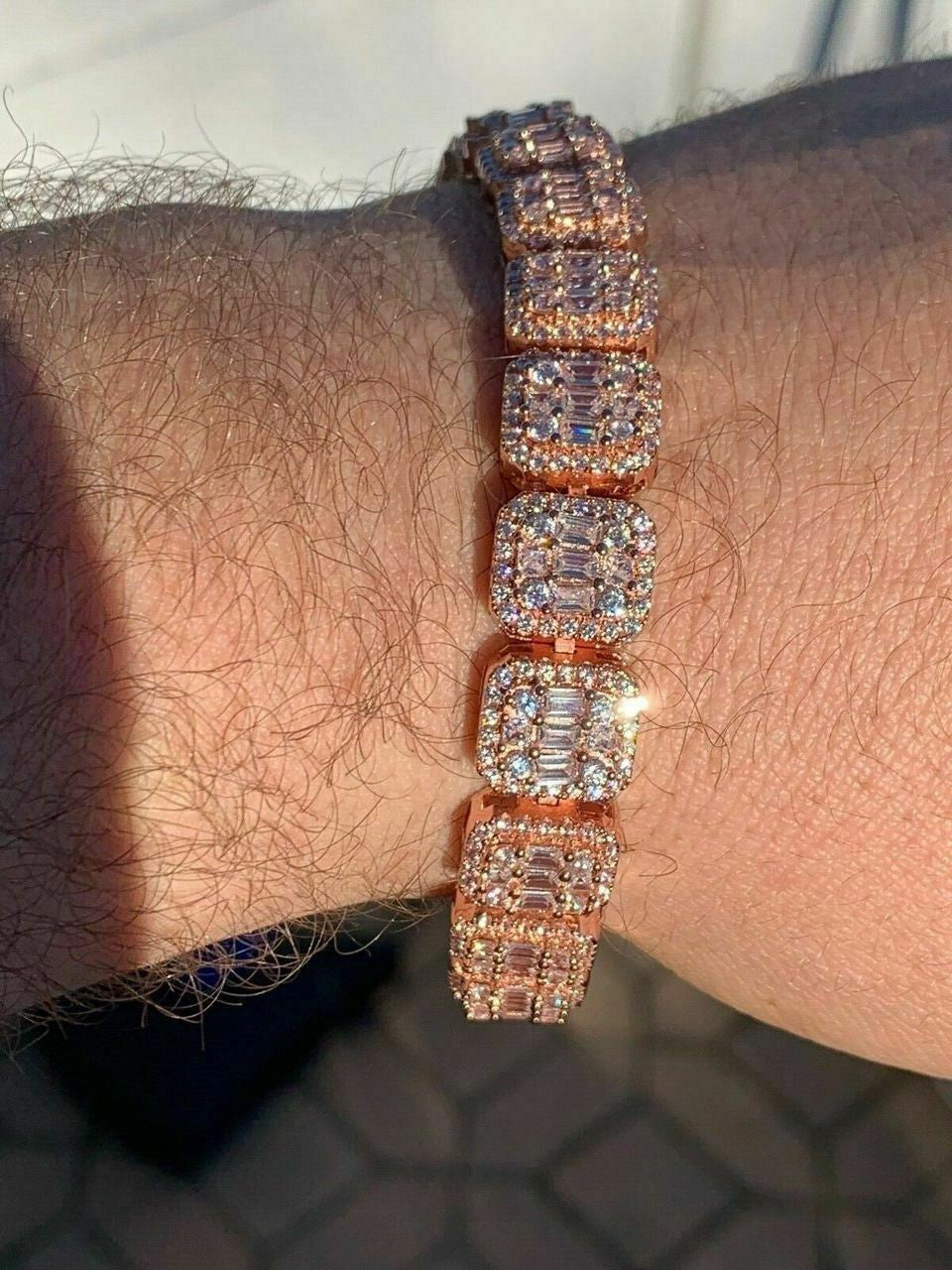 HarlemBling Mens Rose Gold Over Real Solid 925 Silver Baguette Tennis Bracelet Flooded Out