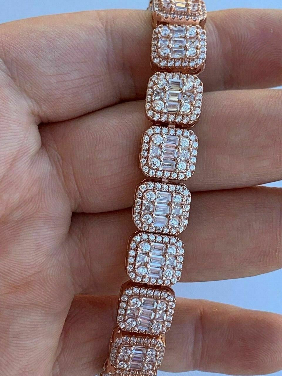 HarlemBling Mens Rose Gold Over Real Solid 925 Silver Baguette Tennis Bracelet Flooded Out