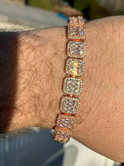 HarlemBling Mens Rose Gold Over Real Solid 925 Silver Baguette Tennis Bracelet Flooded Out