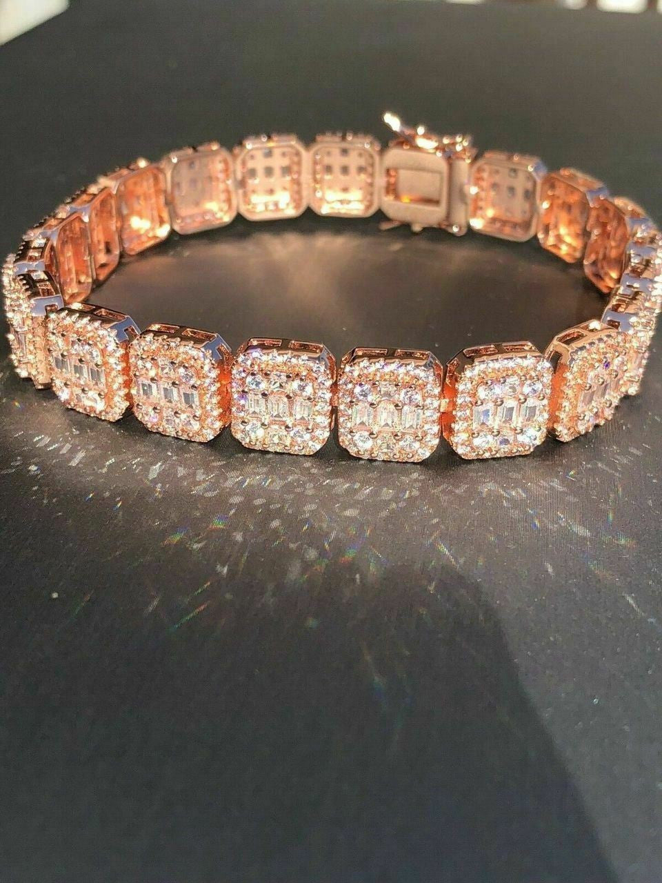 HarlemBling Mens Rose Gold Over Real Solid 925 Silver Baguette Tennis Bracelet Flooded Out