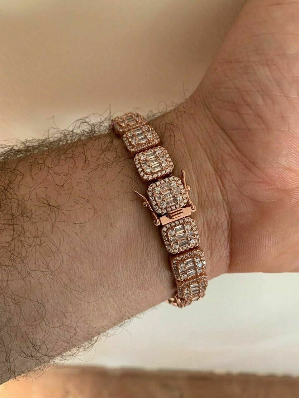 HarlemBling Mens Rose Gold Over Real Solid 925 Silver Baguette Tennis Bracelet Flooded Out