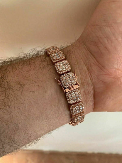 HarlemBling Mens Rose Gold Over Real Solid 925 Silver Baguette Tennis Bracelet Flooded Out