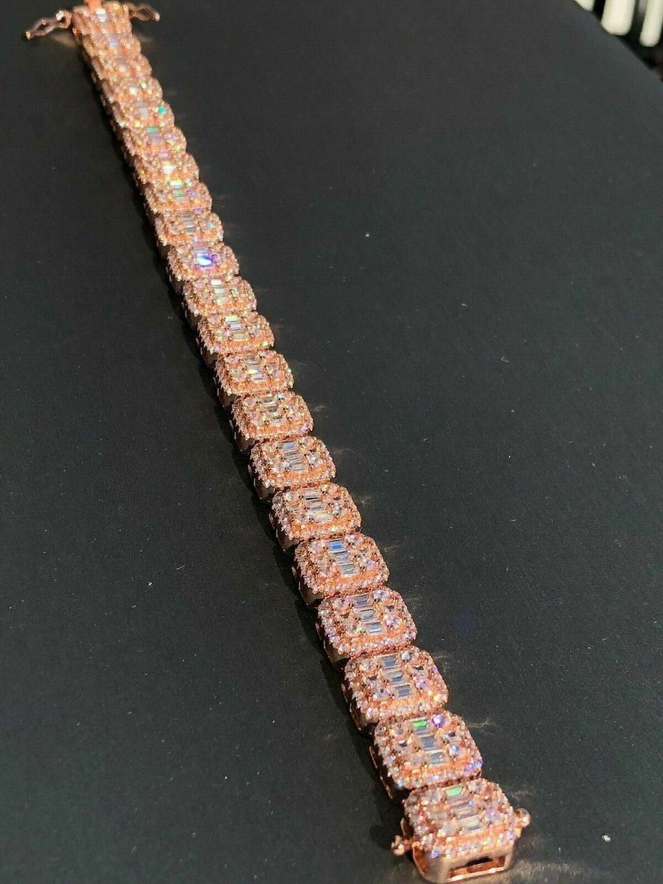 HarlemBling Mens Rose Gold Over Real Solid 925 Silver Baguette Tennis Bracelet Flooded Out