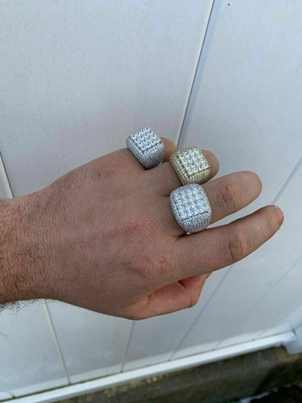 HarlemBling Mens Solid 14k Gold 925 Silver Baguette Diamond Pinky RING HIP-HOP Icy Bust Down