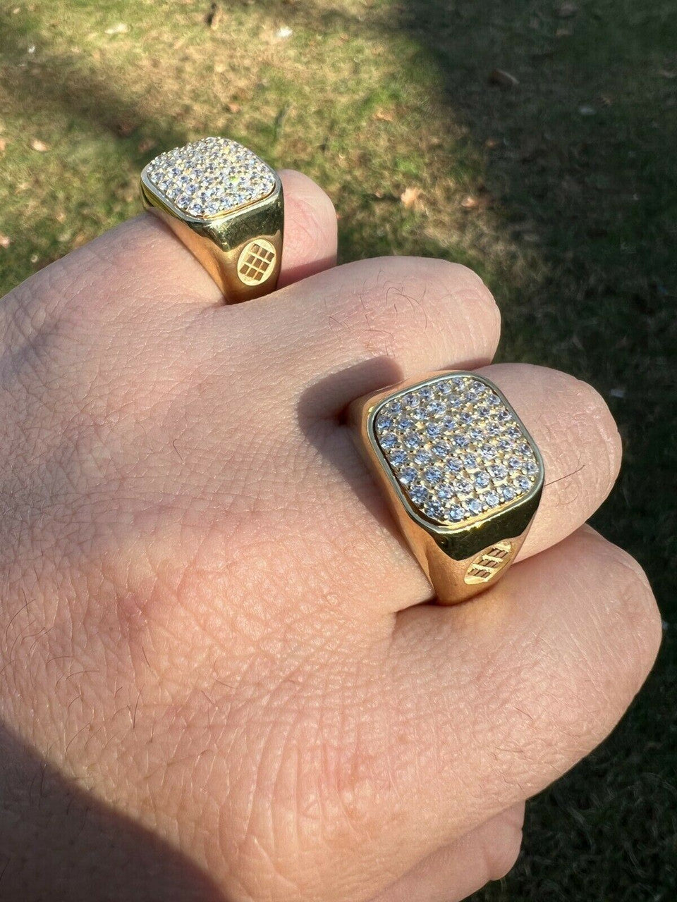 HarlemBling Mens Solid 14k Yellow Gold Vermeil 925 Sterling Silver Iced Diamond Ring Hip Hop