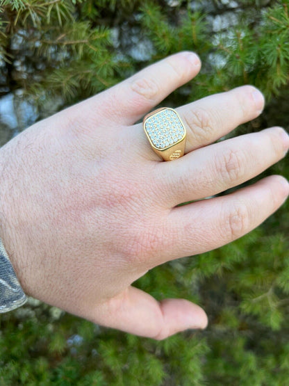 HarlemBling Mens Solid 14k Yellow Gold Vermeil 925 Sterling Silver Iced Diamond Ring Hip Hop