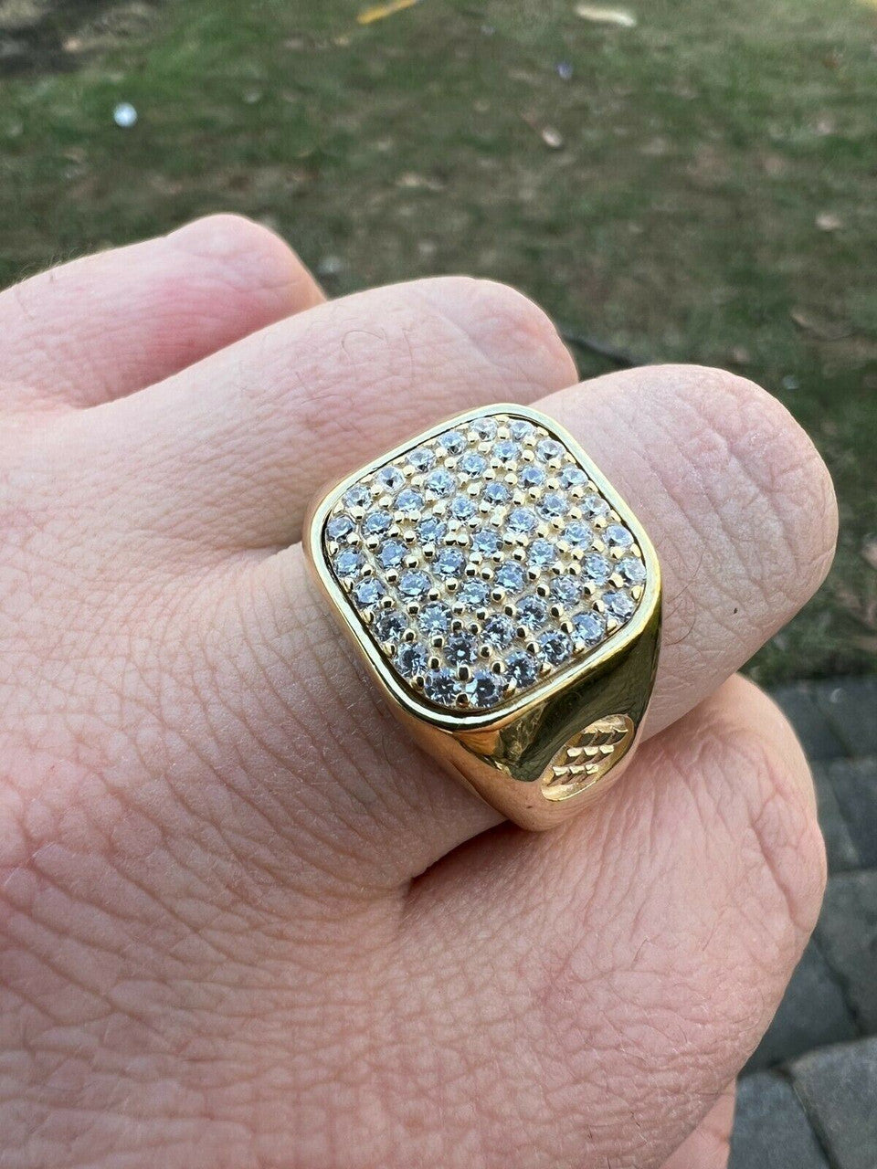 HarlemBling Mens Solid 14k Yellow Gold Vermeil 925 Sterling Silver Iced Diamond Ring Hip Hop