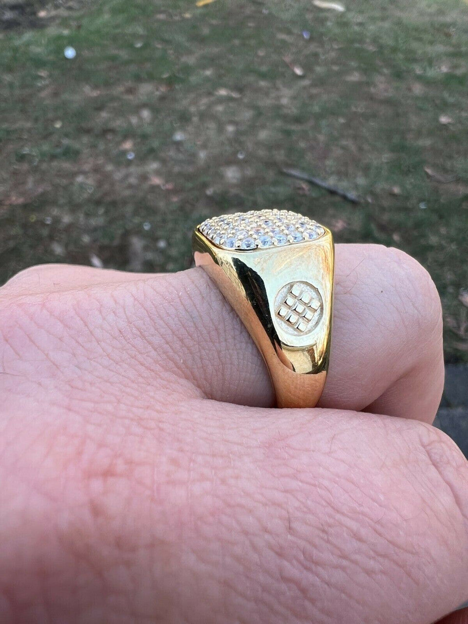 HarlemBling Mens Solid 14k Yellow Gold Vermeil 925 Sterling Silver Iced Diamond Ring Hip Hop