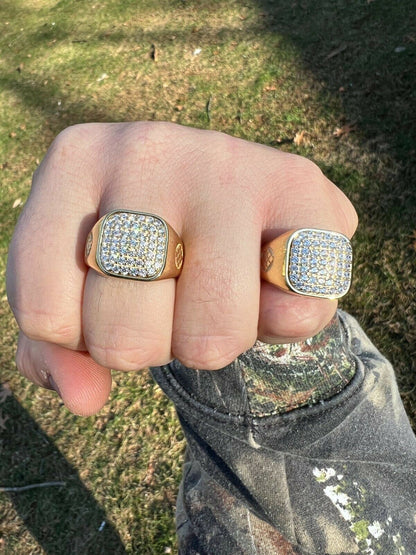 HarlemBling Mens Solid 14k Yellow Gold Vermeil 925 Sterling Silver Iced Diamond Ring Hip Hop