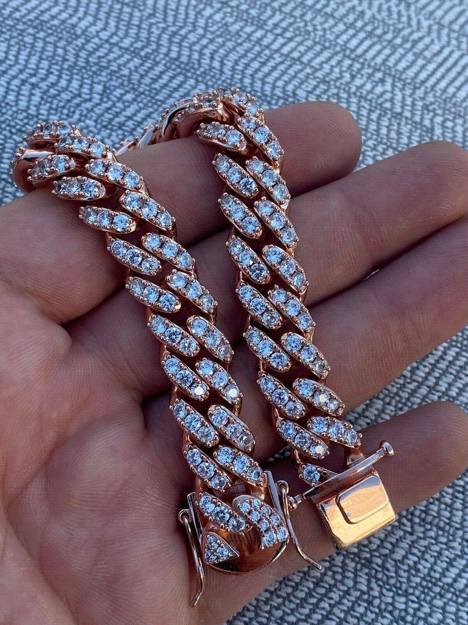 HarlemBling Mens Solid 925 Silver 14k Rose Gold Iced Miami Cuban Link Bracelet Heavy 75g 8