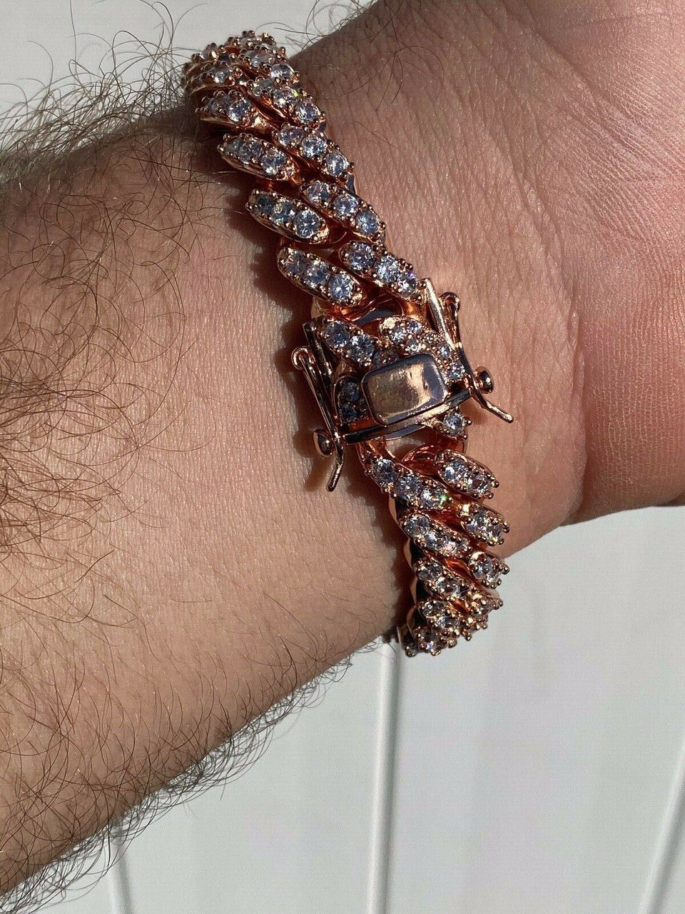 HarlemBling Mens Solid 925 Silver 14k Rose Gold Iced Miami Cuban Link Bracelet Heavy 75g 8