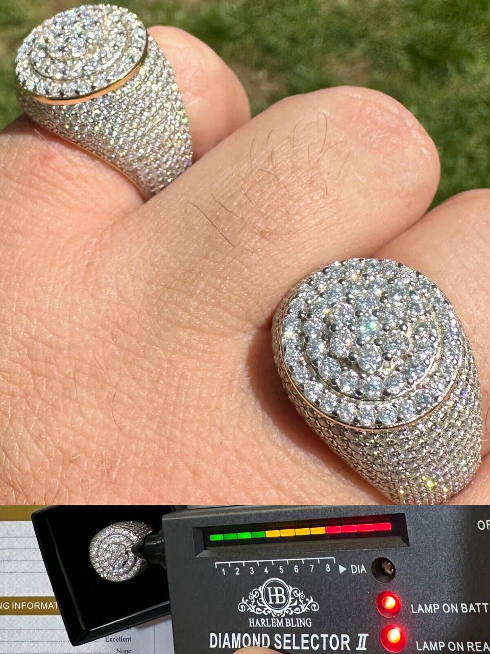 HarlemBling Men's Solid 925 Silver & 14k Gold Plated 2.5ct MOISSANITE Mens Hip Hop Iced Ring