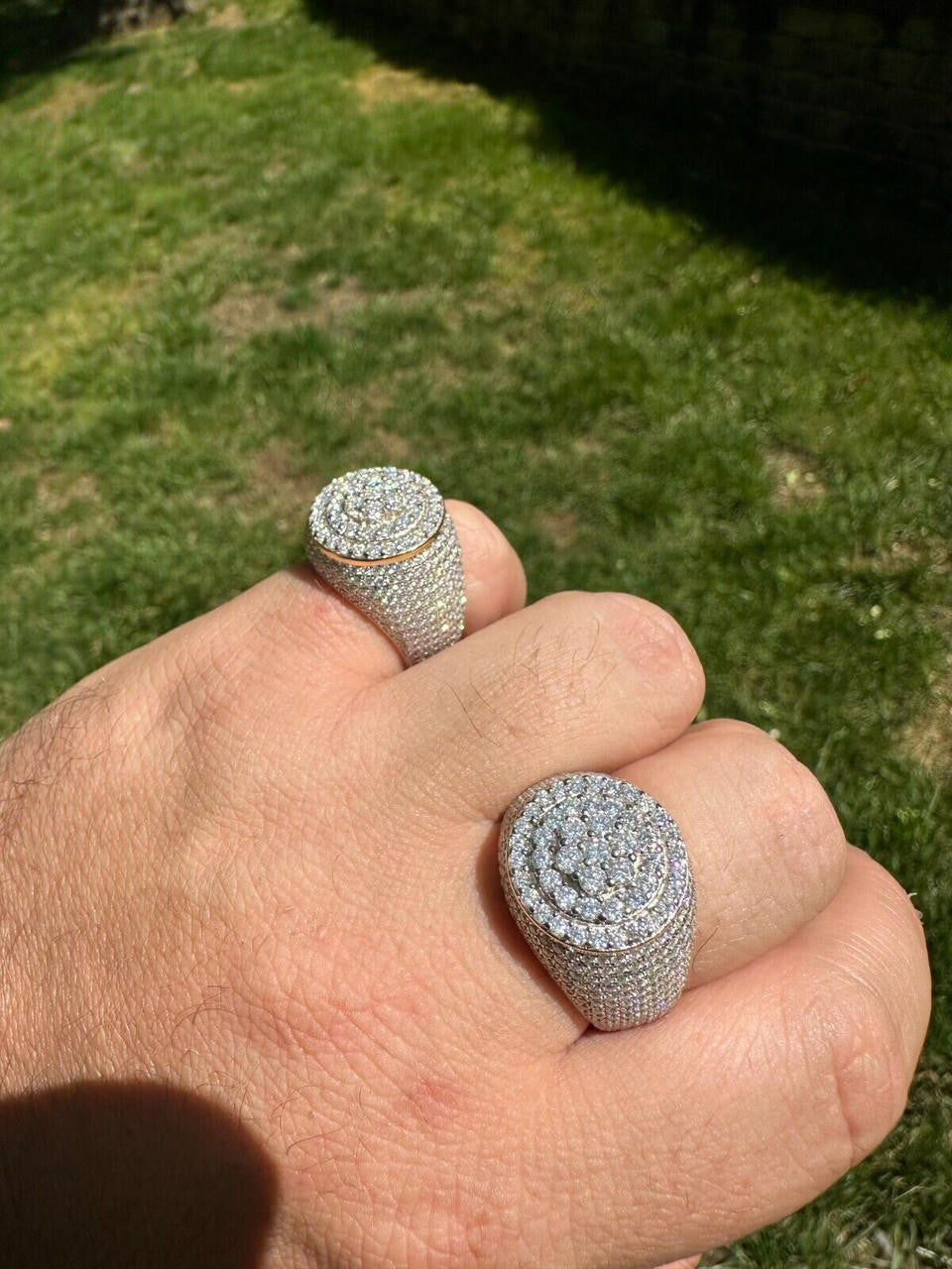 HarlemBling Men's Solid 925 Silver & 14k Gold Plated 2.5ct MOISSANITE Mens Hip Hop Iced Ring