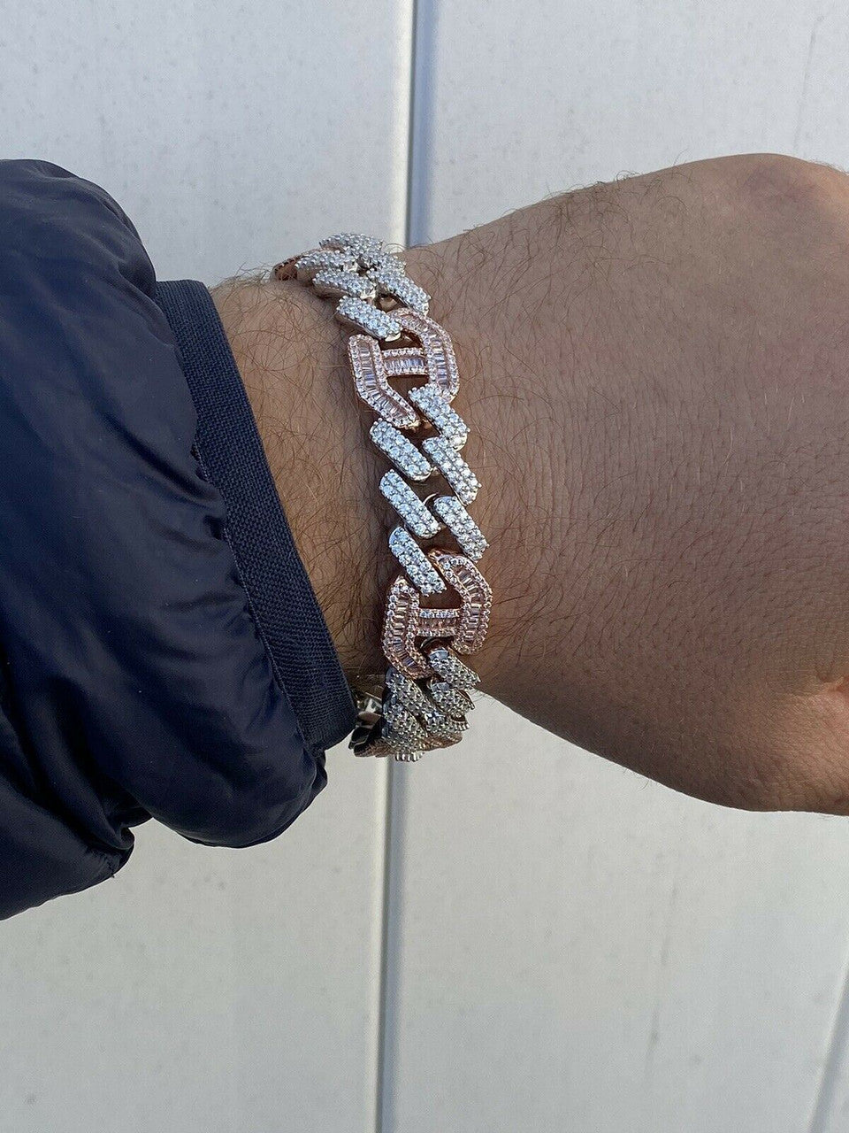 HarlemBling Mens Solid 925 Silver and Rose Gold Baguette Cuban Gucci Link Bracelet Hip Hop ICY