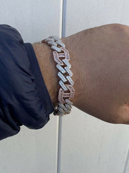 HarlemBling Mens Solid 925 Silver and Rose Gold Baguette Cuban Gucci Link Bracelet Hip Hop ICY