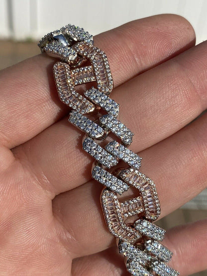 HarlemBling Mens Solid 925 Silver and Rose Gold Baguette Cuban Gucci Link Bracelet Hip Hop ICY