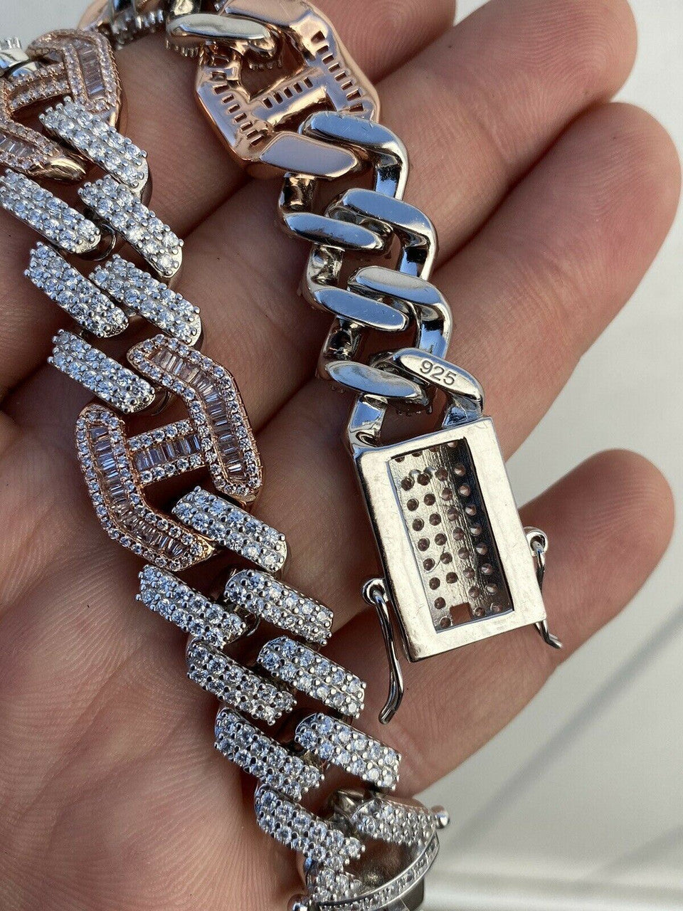 HarlemBling Mens Solid 925 Silver and Rose Gold Baguette Cuban Gucci Link Bracelet Hip Hop ICY